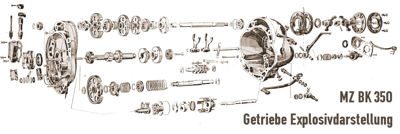 Getriebe Instandsetzung IFA MZ BK 350 Baujahr 1952 bis 1959 - BK350 Getriebe ausbauen, Gehäuse abdichten, Getriebe-Lager überholen, Dichtungen erneuern und Kickstarterwelle regenerieren.